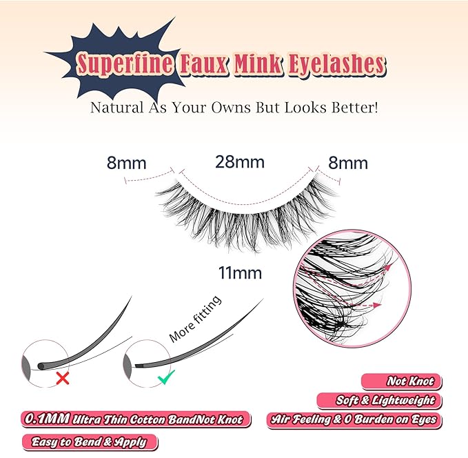 Natural Lashes False 11mm Short Eyelashes Wispy C Curl Eye Lashes Pack with Thin Cotton Band Fake Eyelash 3D Volume For Daily Siligli Lash 7 Pair-Velvo Beauty