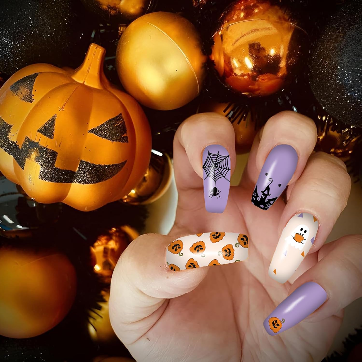 12 Sheets Halloween Nail Wraps Stickers, Nail Polish Strips DIY Self-Adhesive Full Glitter Nail Art Decals Pumpkin Bat Ghost Spider Skull Pattern with 2 Piece Nail Files for Party Decor (168 Pieces)-Velvo Beauty