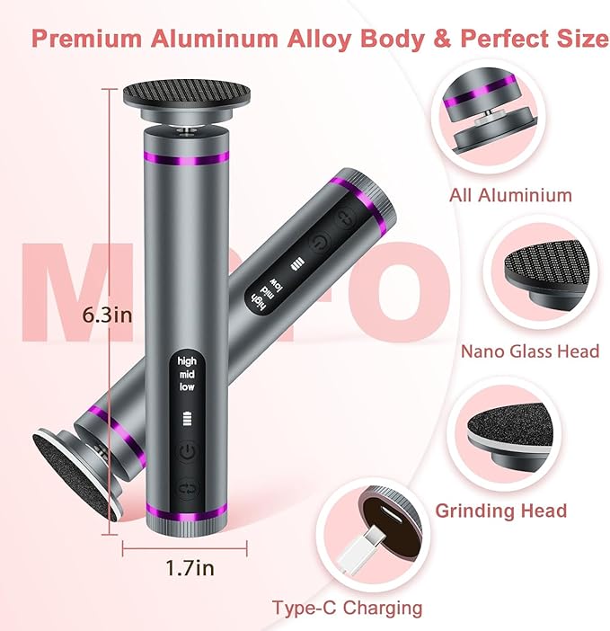 Electric Callus Remover for Feet, 3 Speeds Electric Foot Callus Remover with Powerful Brushless Motor, 2600mAh Runs for 7Hours, Washable Nano Glass Head, 60 Pcs Sandpaper Discs, Gift for Women & Men-Velvo Beauty