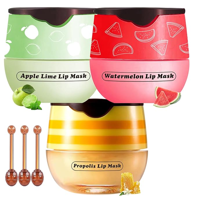 Honey Lip Balm Pot, 3 Pcs Honey & Apple Lime & Watermelon Lip Mask Propolis Lip Mask Moisturizing Hydrating Prevention Dry and Cracked Lip Scrubs Exfoliator-Velvo Beauty