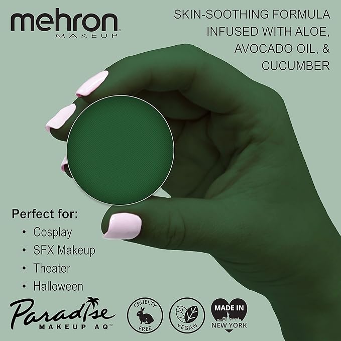 Mehron Makeup Paradise Makeup AQ Refill Size | Stage & Screen, Face & Body Painting, Cosplay, and Halloween | Water Activated Face Paint, Body Paint, Cosplay Makeup .25 oz (7 ml) (DARK GREEN)-Velvo Beauty