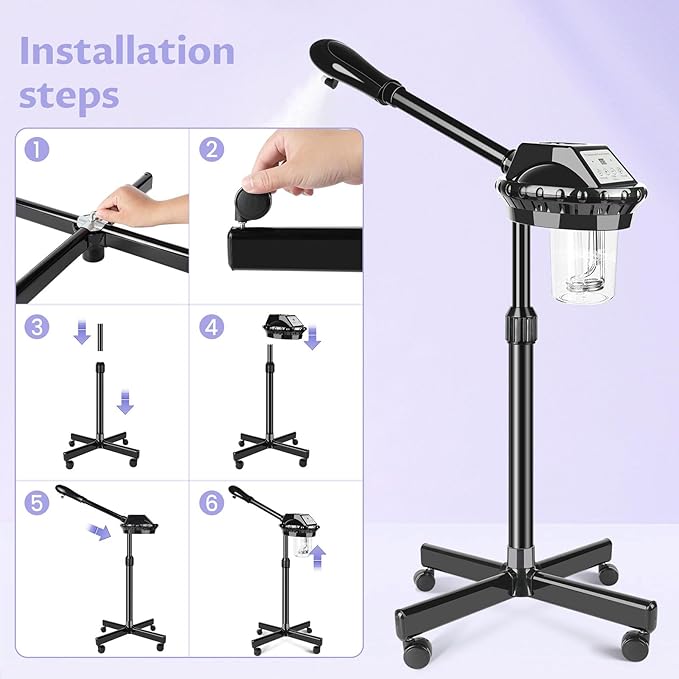 Professional Facial Steamer, Facial Steamer on Wheels, Face Steamer with Time Setting, Stand Face Steamer Adjustable Height for Spa, Salon and at Home use-Velvo Beauty