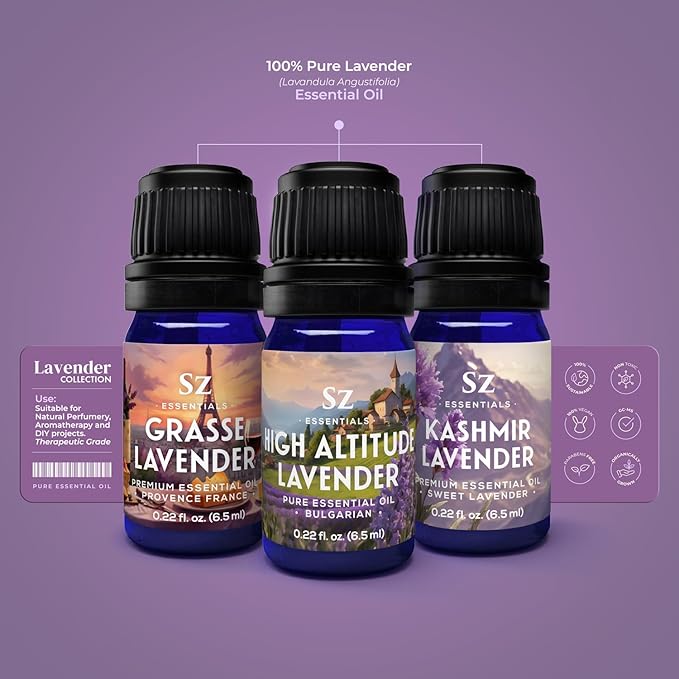 Lavender Essential Oils Collection - Grasse Lavender + High Altitude + Kashmir - Set of 3 Bottles (0.22 Fl Oz - 6.5ml Each)- 100% Pure, Natural & Undiluted - Therapeutic Grade & Vegan-Velvo Beauty