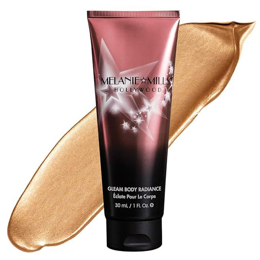 Melanie Mills Hollywood Gleam Body Radiance All In One Makeup, Moisturizer & Glow For Face & Body - Peach Deluxe, Mini 1 fl.oz.-Velvo Beauty