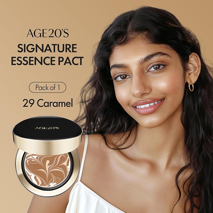 AGE20'S Signature Essence Pact SPF 50+ | Pack of 1 | 29 Caramel | Cream Foundation, Dewy Finish, Natural Coverage | Korean Cushion Foundation-Velvo Beauty