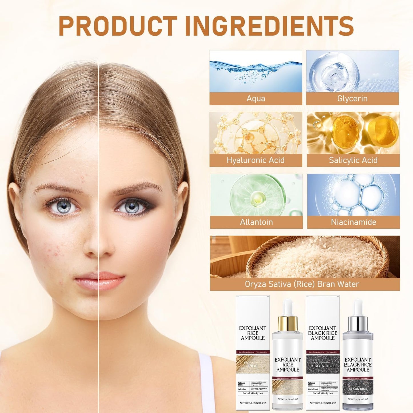 Rice Exfoliant Ampoule Duo, Black and White Face Peeling Solution, Moisturizing Pore Minimizer, 2-Pack, 100ml-Velvo Beauty