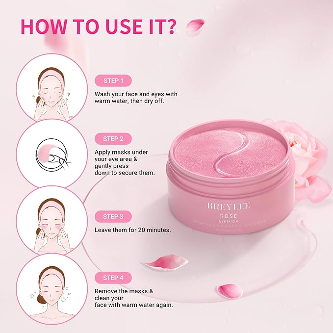 BREYLEE Pink Rose Eye Mask– 60 Pcs - Puffy Eyes and Dark Circles Treatments – Look Younger and Reduce Wrinkles and Fine Lines Undereye, Improve and Firm eye Skin - Pure Natural Material Extraction-Velvo Beauty