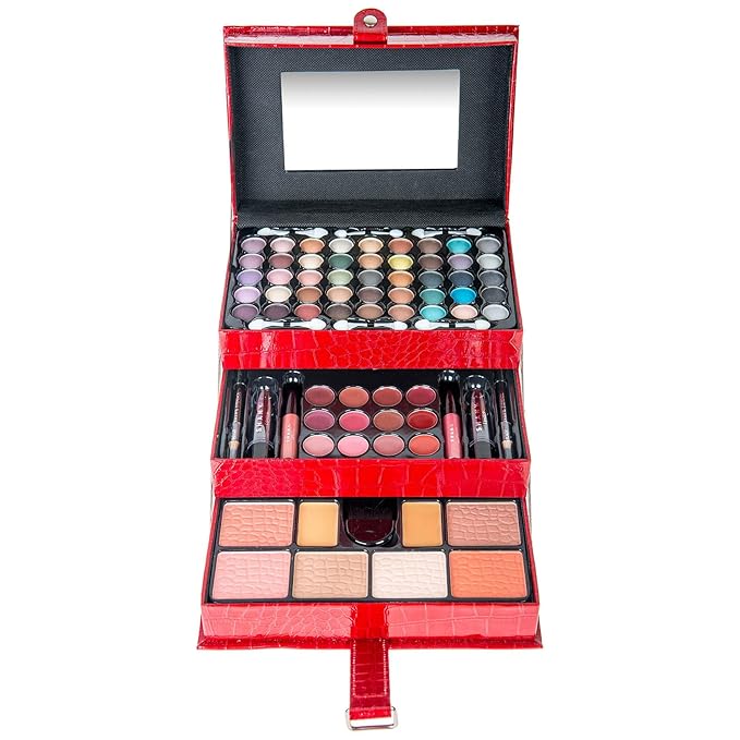 SHANY All In One Makeup Kit (Eyeshadow, Blushes, Face Powder, Lipstick, Eye liners, Makeup Pencils and Makeup Mirror - Makeup Set With Reusable Makeup Storage Box - Red-Velvo Beauty
