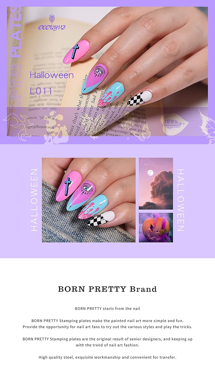 6 Pcs Halloween Nail Stamping Plate Skull Bat Witch Spider Web Halloween Nail Stamper Kit Pumpkin Grimace Blood Design Nail Template Decoration-Velvo Beauty