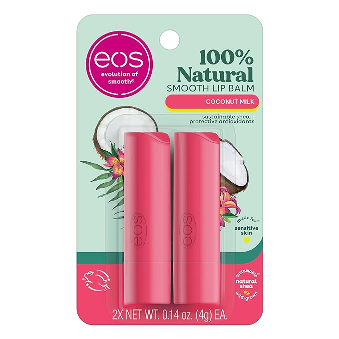 eos 100% Natural Lip Balm- Coconut Milk, All-Day Moisture, Made for Sensitive Skin, Lip Care Products, 0.14 oz, 2-Pack-Velvo Beauty