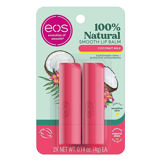 eos 100% Natural Lip Balm- Coconut Milk, All-Day Moisture, Made for Sensitive Skin, Lip Care Products, 0.14 oz, 2-Pack-Velvo Beauty