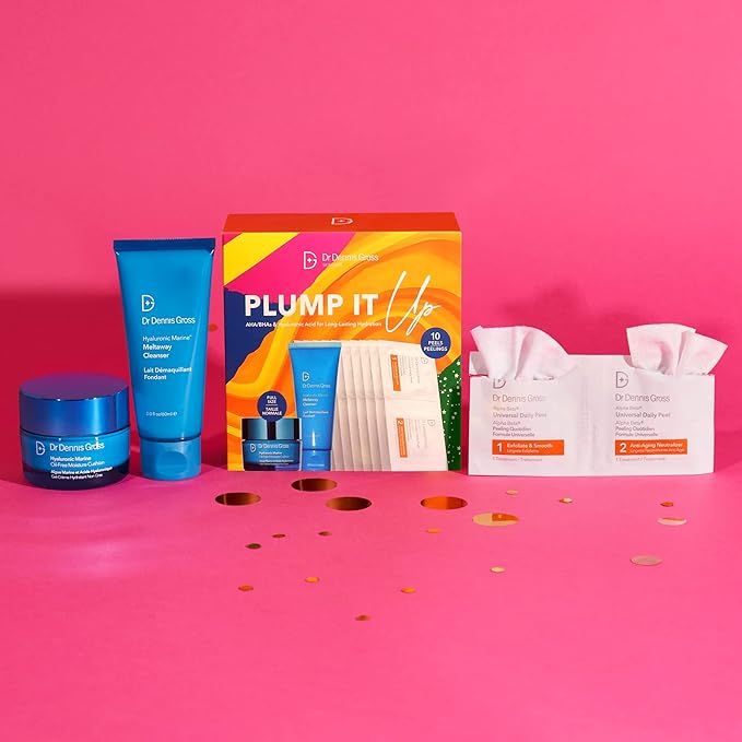 Dr Dennis Gross Plump It Up Kit: 3 Piece Dry Skin Essentials Set: Includes Hyaluronic Marine Moisture Cushion, Universal Daily Peel 10 App, Hyaluronic Marine Meltaway Cleanser-Velvo Beauty