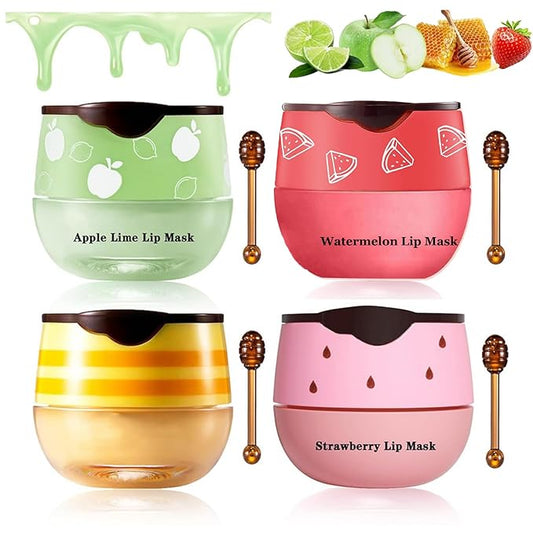 4Pcs Honey Lip Balm Honey Pot Strawberry & Propolis Balm Honey Lip Mask Hydrate Moisturizing Repair Prevent Lip Care Moisturizing Lip Balm Set-Velvo Beauty