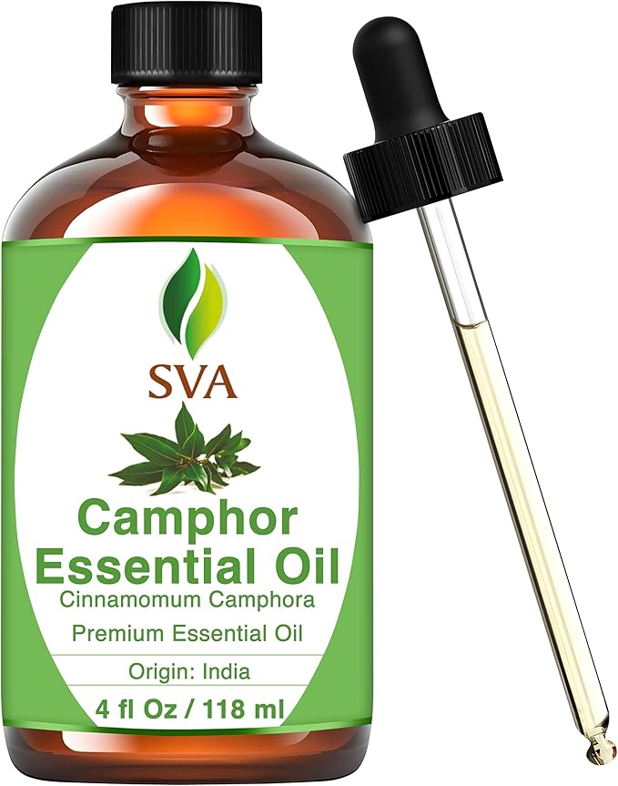 SVA Camphor Essential Oil – 4 Fl Oz – 100% Natural Camphor Oil - for Diffuser, Hair Care, Face, Skin Care, Aromatherapy, Scalp and Body Massage, Soap and Candle Making – with Dropper-Velvo Beauty