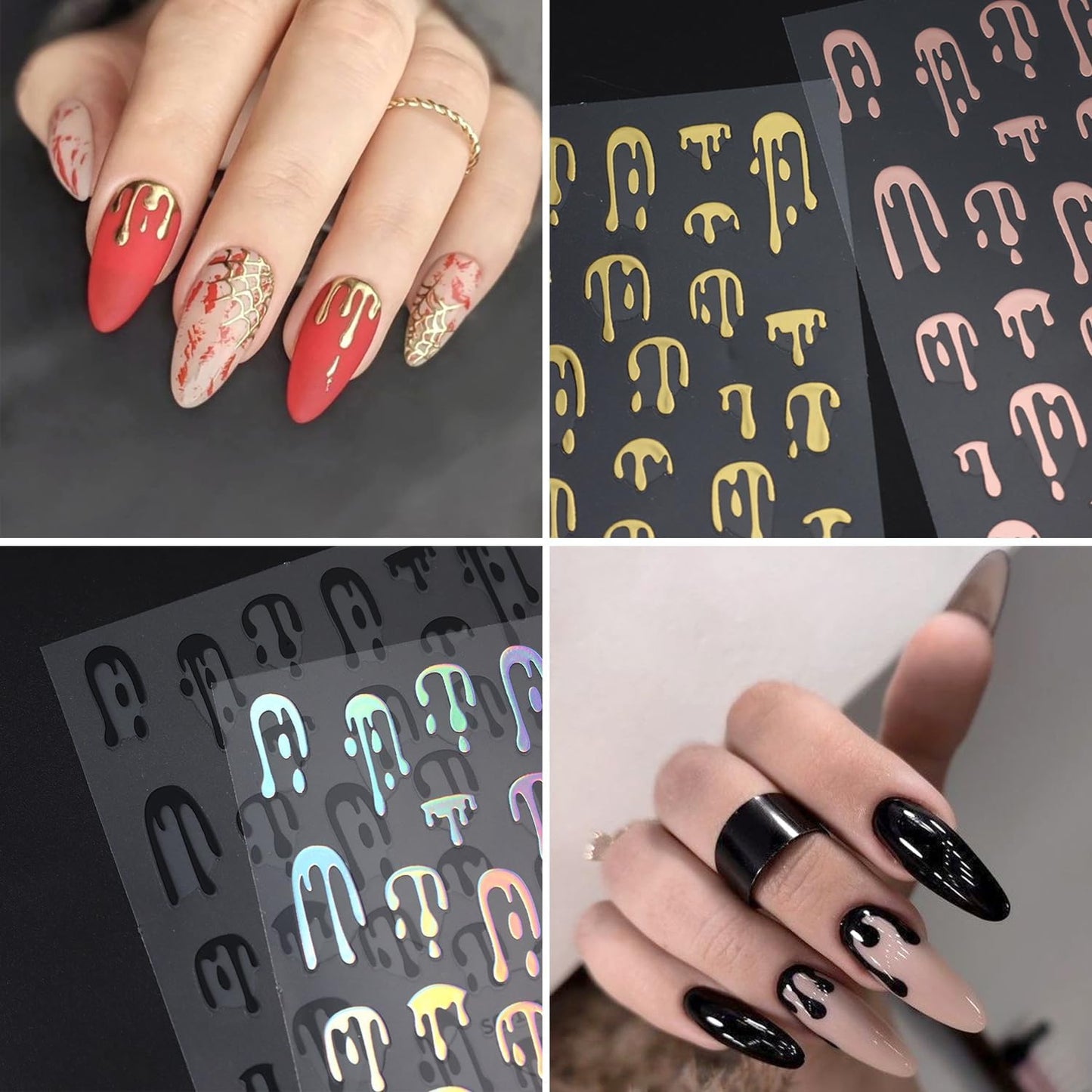 4pcs Halloween Nails Art Stickers -3D Self-Adhesive Nails Supply Black Gold Rose Gold Blood Dropping Design Y2K Scary Blood Nail Decals Sliders Halloween Laser Sliver Bloody DIY Manicure Decor-Velvo Beauty