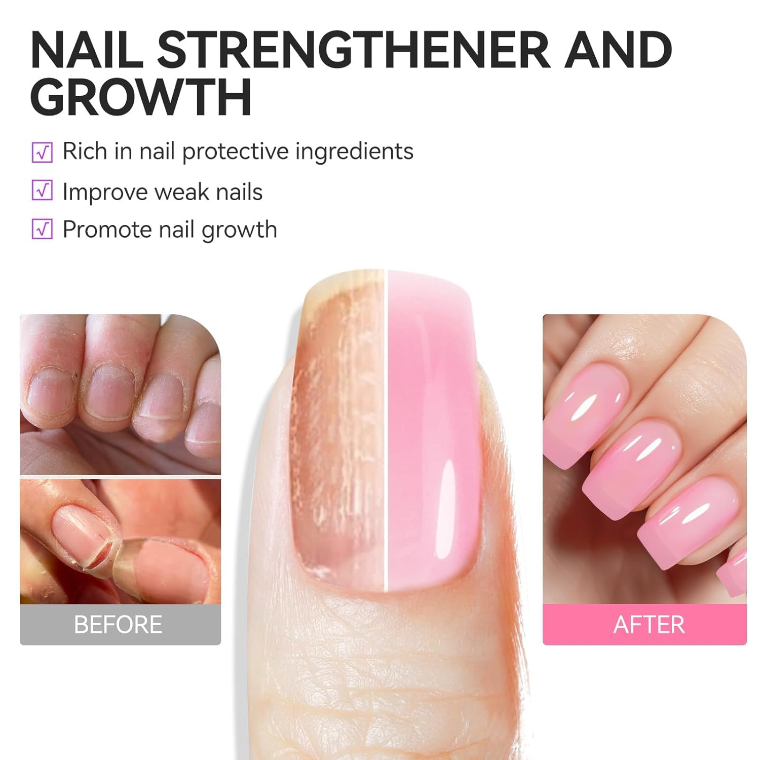 Nail Polish Strengthener and Growth Treatment: Pink Gelike EC 6 in 1 Natural Nail Hardener Extra Strong and Growth - Long Lasting Nail Repair for Damaged Nails - For Daily Work Home Salon-Velvo Beauty