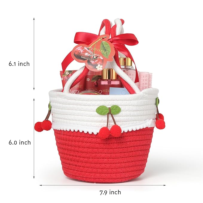 Spa Gifts for Women, Cherry & Berry Spa Gift Set for Teenage Tote Bag, Shower Gel, Hand & Body Lotion, Hitrees Birthday for Best Friend Woman, Mom, Mothers Day-Velvo Beauty