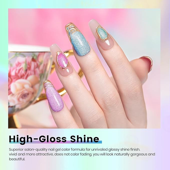 RARJSM Neon Diamond Cat Eye Gel Nail Polish Set 6 Colors Velvet Silver Glitter Bright Green Lake Blue Red Rose Purple Gel Polish with Magnet Stick UV LED Curing Requires Soak Off Home Salon Diy-Velvo Beauty