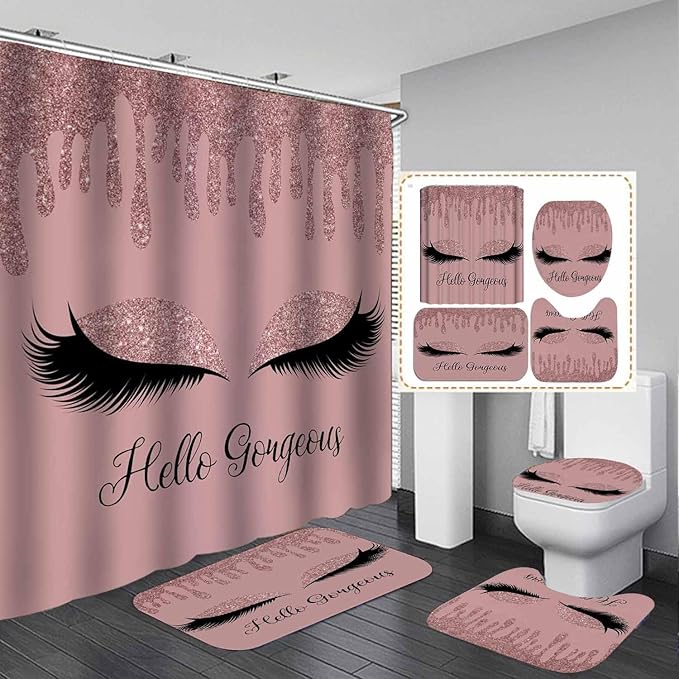 4PCS Rose Gold Glitter Hello Gorgeous Shower Curtain Set, Bling Unicorn Eyelash Makeup Glam Fashion Girly Teenage Girls Women Pink Bathroom Decor, Fabric Shower Curtain, Bath Mat Toilet Rug-Velvo Beauty
