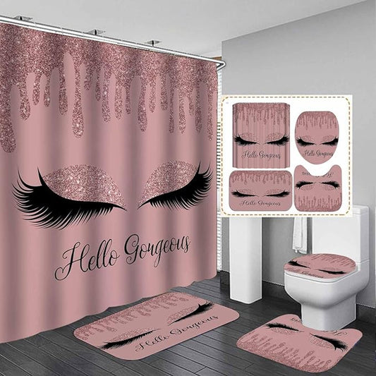 4PCS Rose Gold Glitter Hello Gorgeous Shower Curtain Set, Bling Unicorn Eyelash Makeup Glam Fashion Girly Teenage Girls Women Pink Bathroom Decor, Fabric Shower Curtain, Bath Mat Toilet Rug-Velvo Beauty
