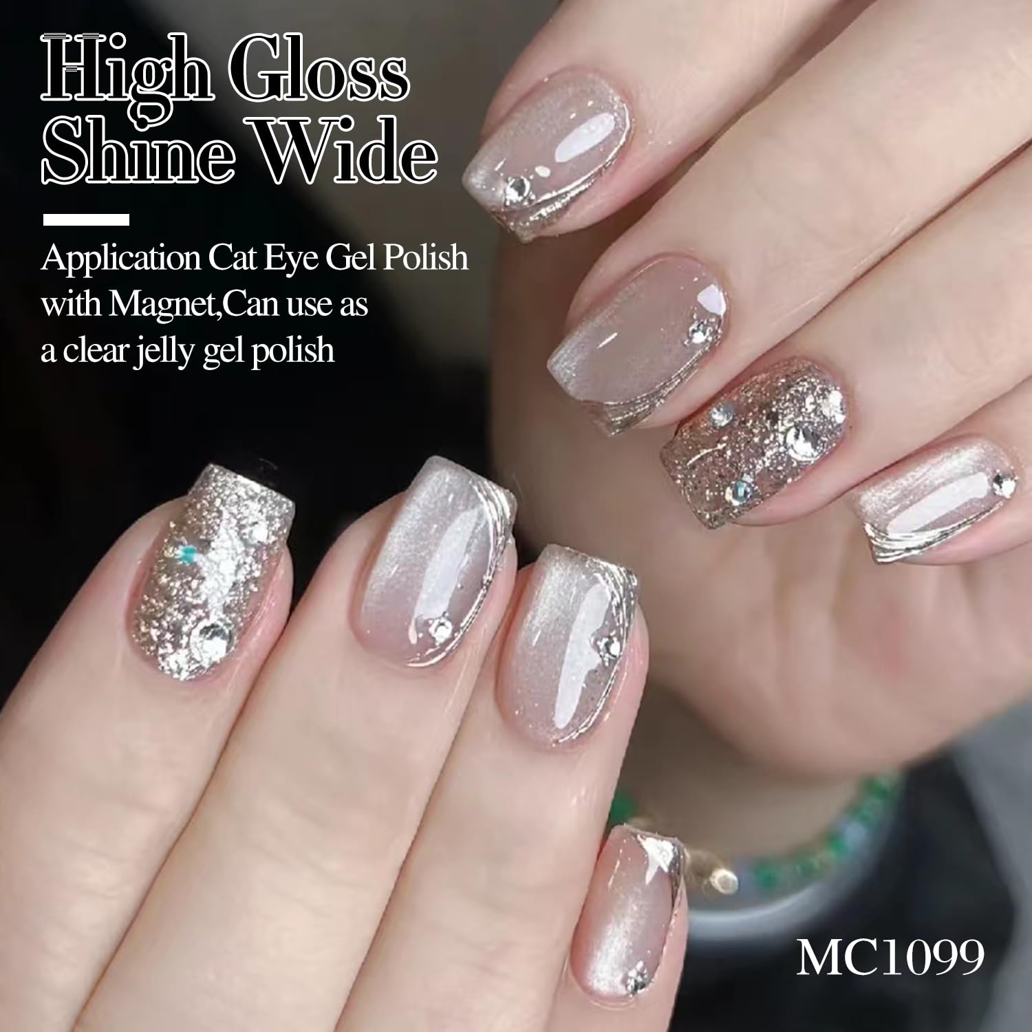 Double Rhythm Jelly Glass Cat Eye Gel Polish with Magnet 15ML Holographic Glitter Shimmer Translucent Sheer Color Magnetic Nail Polish Salon DIY at Home (Jelly Silver-MC1099)-Velvo Beauty