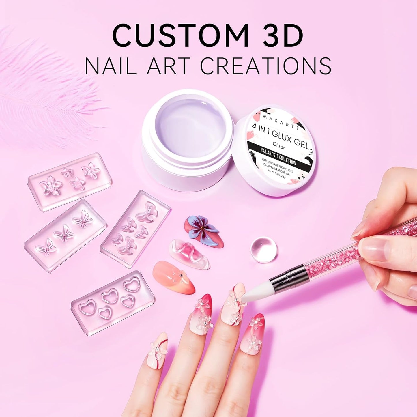 Makartt 3D Gel Nail Art: 4 in 1 Solid Gel Builder Kit for 15ML Nail Extension Gels, 4pcs Silicone Molds, 1 Sculpting Brush, UV Glue for Acrylic Nails Rhinestones Gels Molding Manicure Hard Gel Kit-Velvo Beauty
