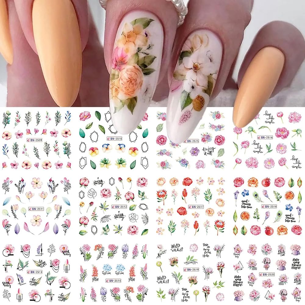 12 Sheets Flower Nail Water Transfer Decals, Nail Art Stickers for Women, Holographic Colorful Flower Leaf Patterns Nail Designs Supplies, Acrylic Nails Decorations DIY Resin Nail Decal Tattoos Set-Velvo Beauty