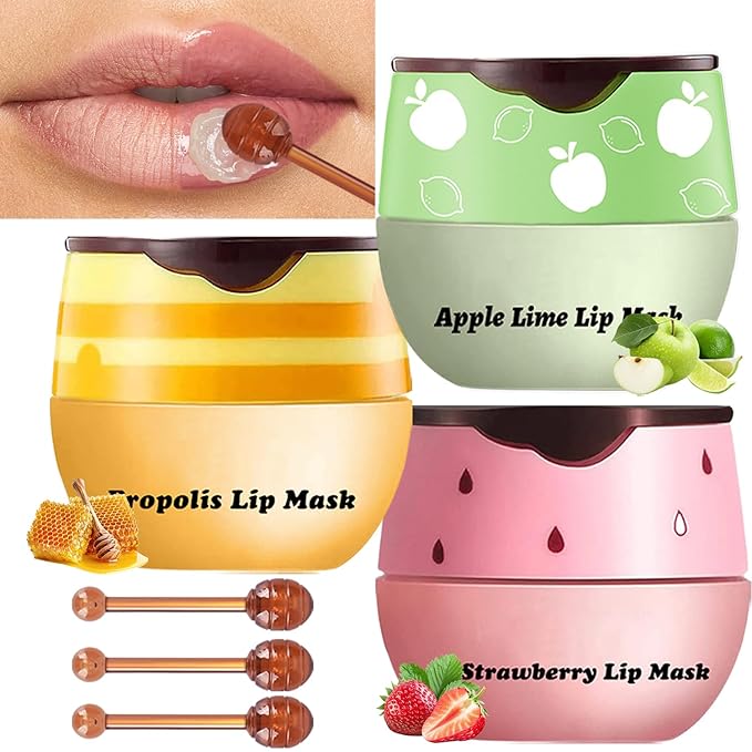 3 PCS Lip Balm Honey Pot, Honey Apple Strawberry Lip Masks Overnight, Propolis Moisturizing Lip Sleeping Mask, Prevention Dry Crack Lip Repair Nourishes the Lip Skin and Lip Wrinkle Care.-Velvo Beauty