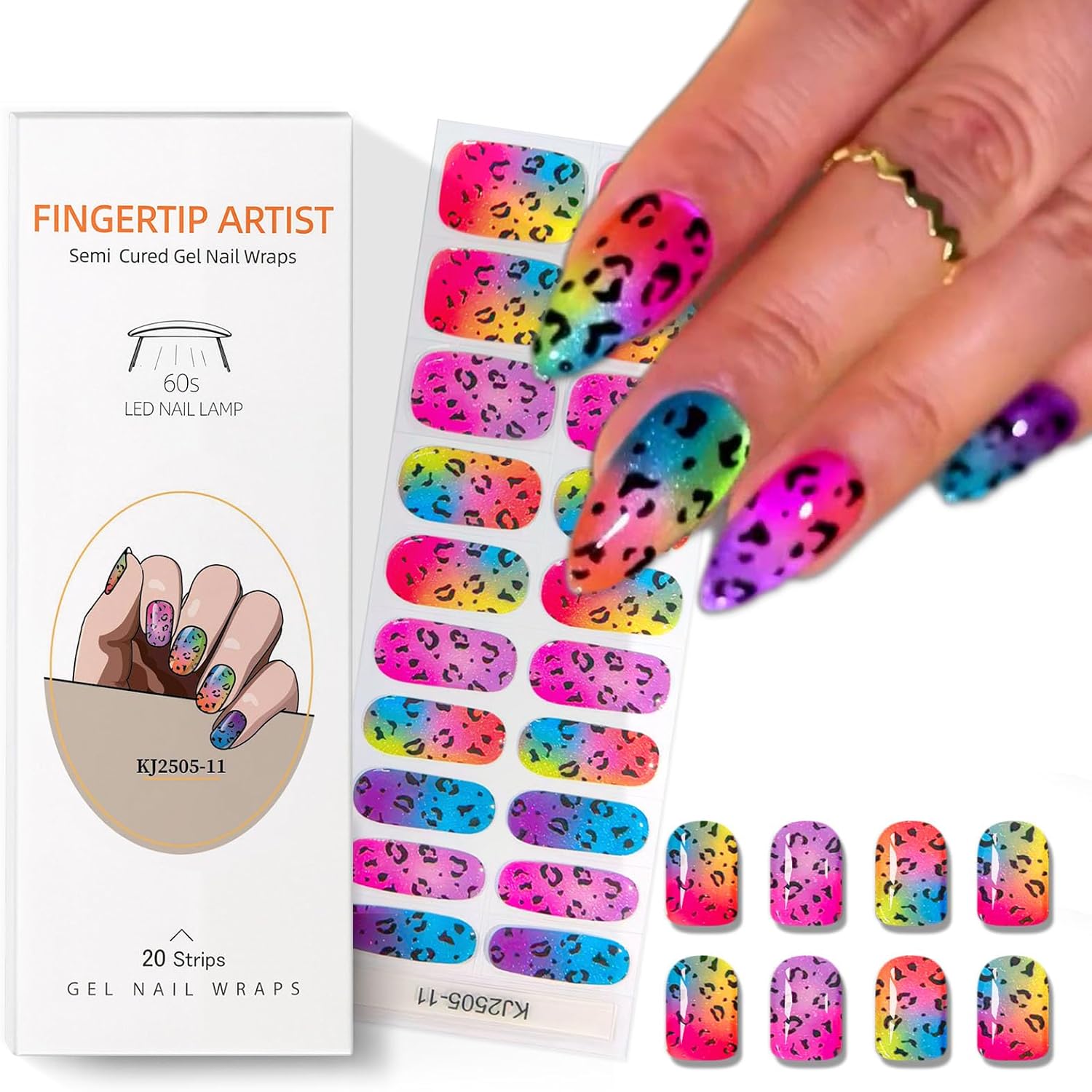 Semi Cured Gel Nail Strips with Gradient Leopard Gel nail stickers Colorful Glitter Nail strips Salon Quality & Easy to Use 20 Pcs for Women-Velvo Beauty