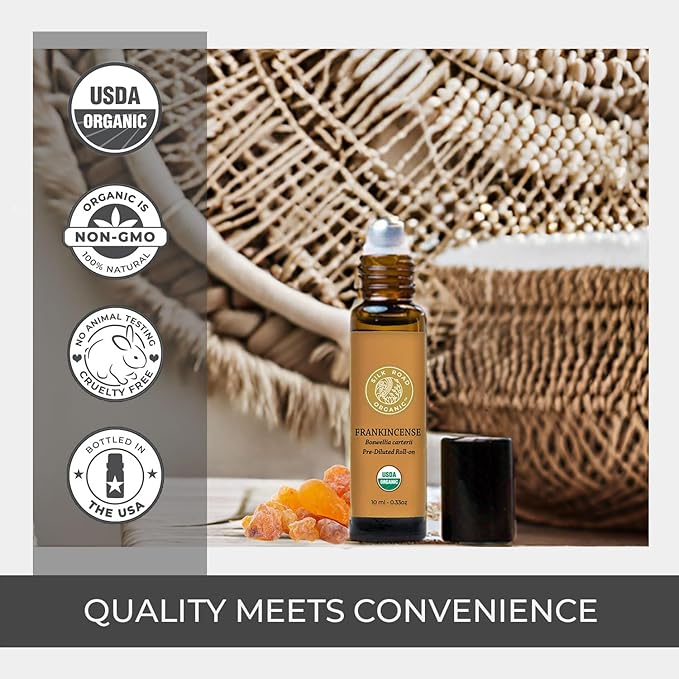 Silk Road Organic Frankincense Carterii Essential Oil Roll On, 100% Pure USDA Certified Aromatherapy for Radiant Skin, Body Aches, Stress Relief, & Calm - 10 ml Roller-Velvo Beauty