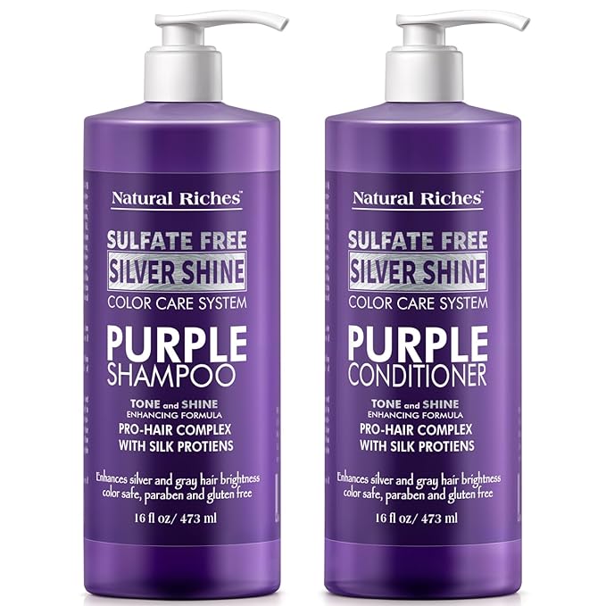 Natural Riches Radiant Silver Shine Purple Shampoo and Conditioner Set for Gray Hair - Paraben-Free and Color Safe – With Silk Proteins, Tones Dull Hair, Softens & Adds Shine - 16 fl oz-Velvo Beauty