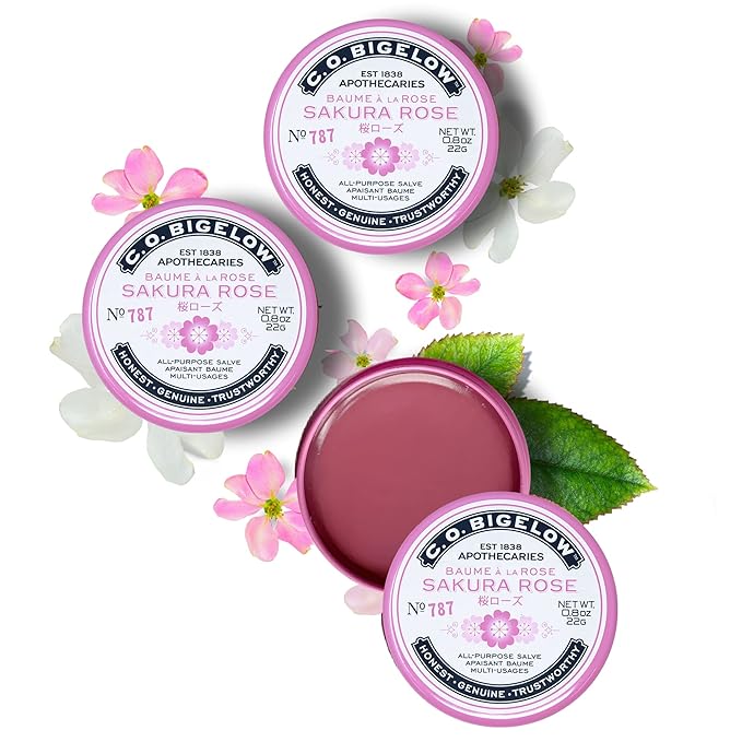 C.O. Bigelow All Purpose Salve Lip Balm Tins, Sakura Rose Salve Pack of 3 for Chapped Lips & Dry Skin - Moisturizing Lip, Cuticle and Skin Salves, 0.8 oz each-Velvo Beauty