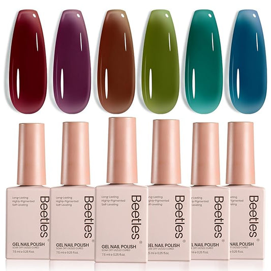 Beetles Jelly Gel Nail Polish Set - 6 Colors Mocha Brown Burgundy Red Purple Green Blue Fall Gel Polish Kit Sheer Translucent Effect Soak Off UV Midnight Syrup Nail Art Manicure Gift for Women-Velvo Beauty