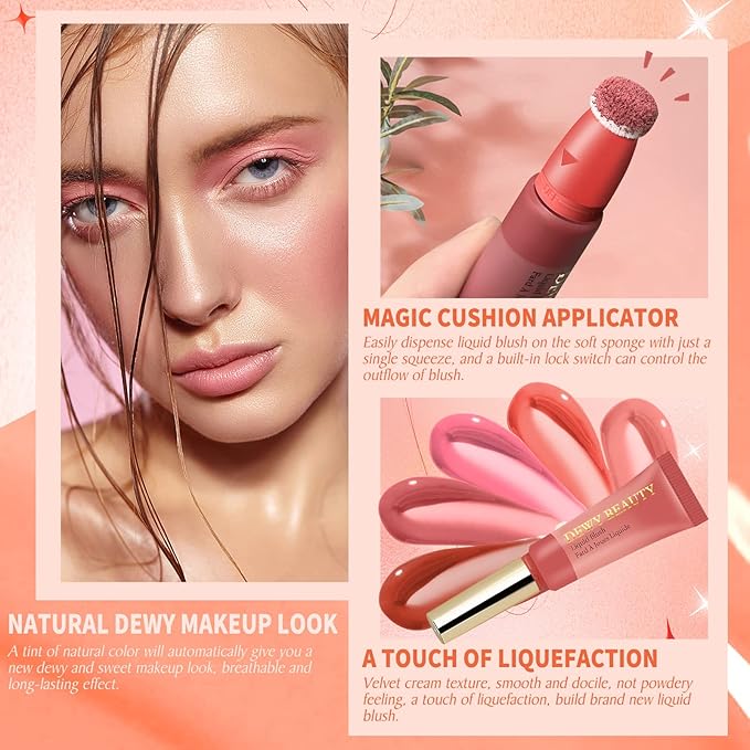 Liquid Blush Makeup Wand, Cream Liquid Blush with Cushion Applicator For Cheeks Tint, Natural-looking, Glow Dewy Finish, Weightless Blendable Liquid Blush Stick | #102 ENERGETIC-Coral Orange-Velvo Beauty