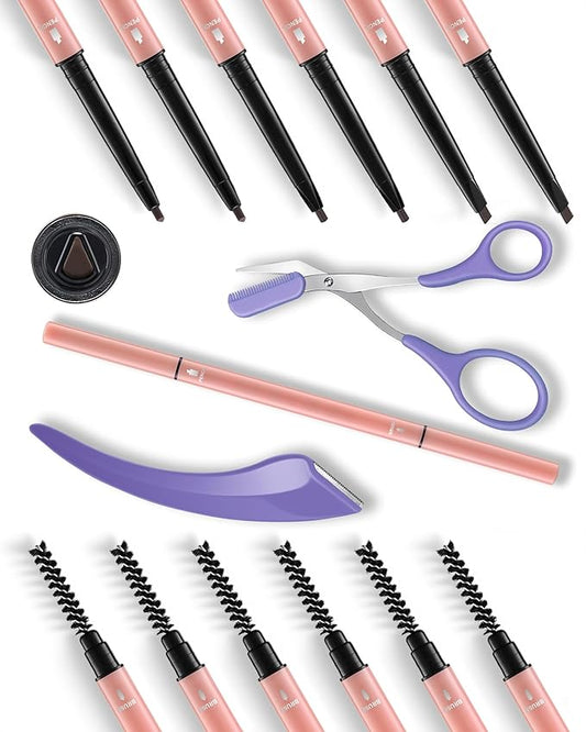 6Pcs Microblading Eyebrow Pencils Deep Brown Waterproof Eye Brow Pencil w/Eye Brow Razor & Scissors Kit 0.5mm Ultra-Fine Tip Creates Hair-Like Strokes for Women Effortless Natural Brows-Velvo Beauty