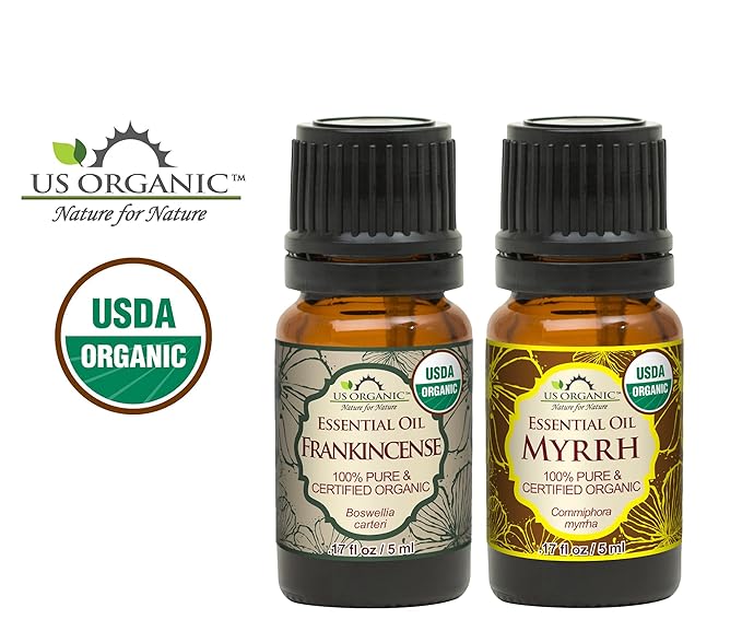 US Organic 100% Pure Myrrh, Frankincense Essential Oil Combo Pack - Directly sourced from The Horn of Africa - USDA Certified Organic - Use Topically or in Diffuser (5 ml Combo)-Velvo Beauty