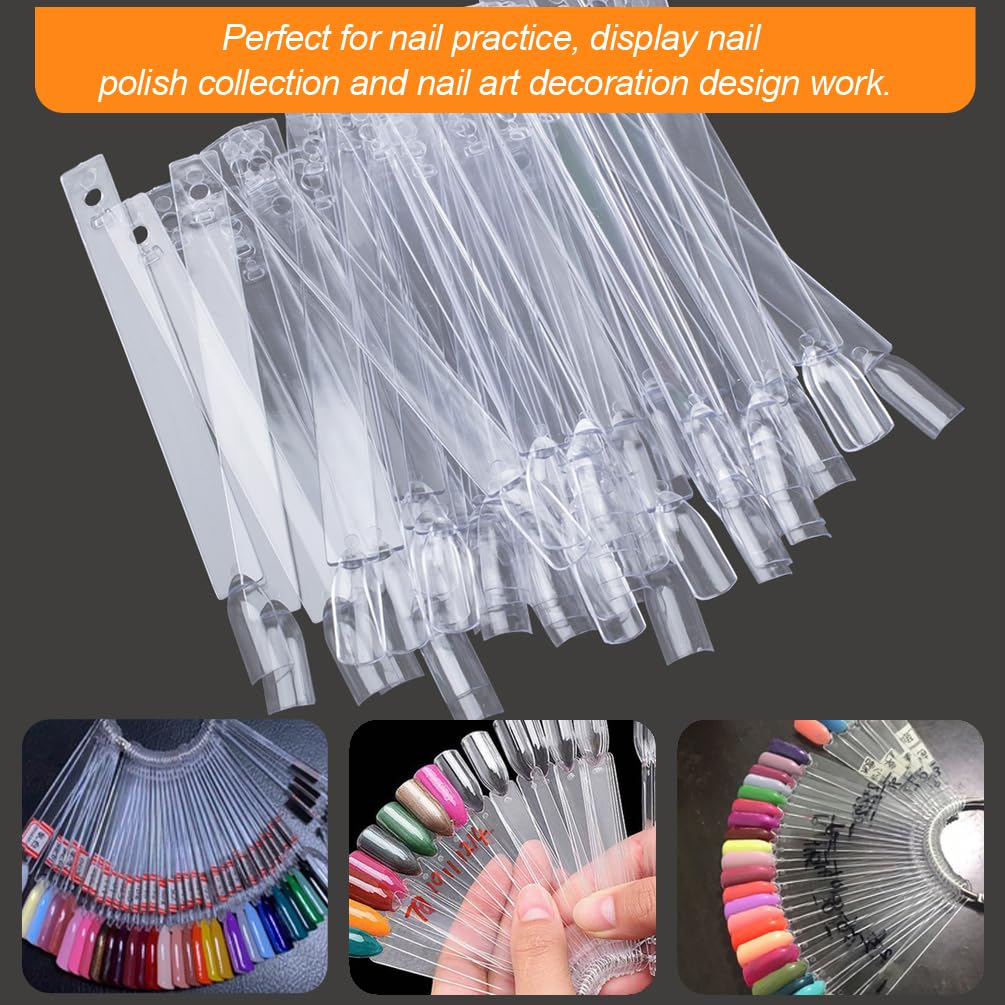 JASSINS 100 Pcs Clear Fan-shaped False Nail Swatch Sticks Nail Polish Practice Display Art Tips Nail Sample Sticks With Metal Split Ring-Velvo Beauty