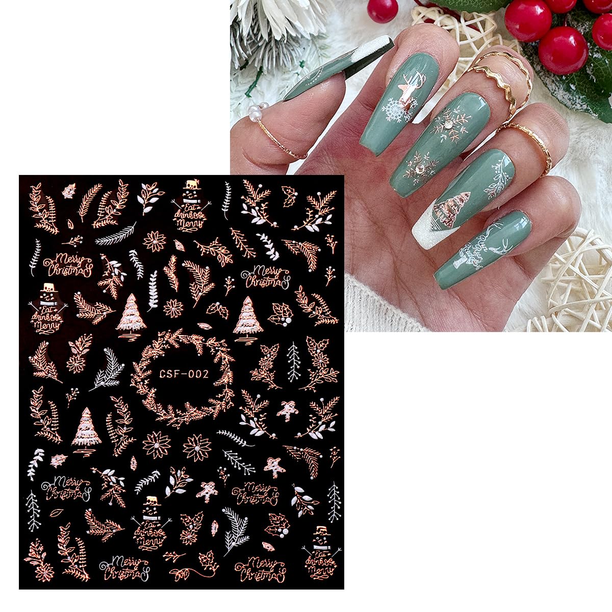JMEOWIO 9 Sheets Christmas White Glitter Nail Art Stickers Decals Self-Adhesive Snowflake Winter Holiday Rose Gold Nail Supplies Nail Art Design Decoration Accessories-Velvo Beauty
