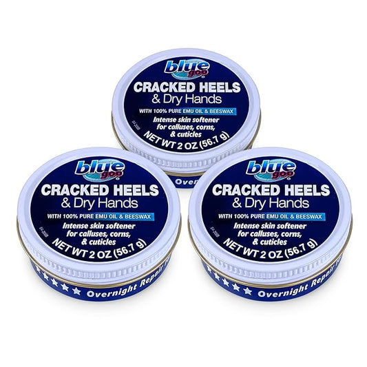 Blue Goo Cracked Heels & Dry Hands Intense Skin Softener - for Calluses, Corns & Elbow Dryness Relief, Fast- Penetrating Hydrating Moisturizer, Made w/ 100% Pure Emu Oil & Beeswax, 2 oz (3 Pack)-Velvo Beauty