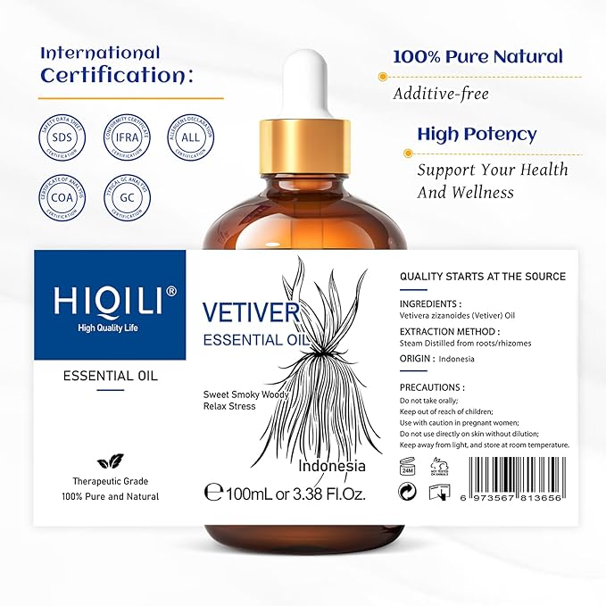 HIQILI 100ML Vetiver Essential Oil, 100% Pure Natural for Diffuser Calm and Relation- 3.38 Fl Oz-Velvo Beauty
