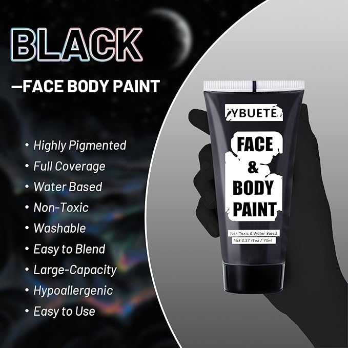Black Water Based Face Body Paint, 2.37 OZ Large Tube Full Coverage Washable Face Paint Cream for Adult Carnival Cosplay Halloween SFX Skull Joker Zombie Vampire Skeleton Goth Makeup-Velvo Beauty