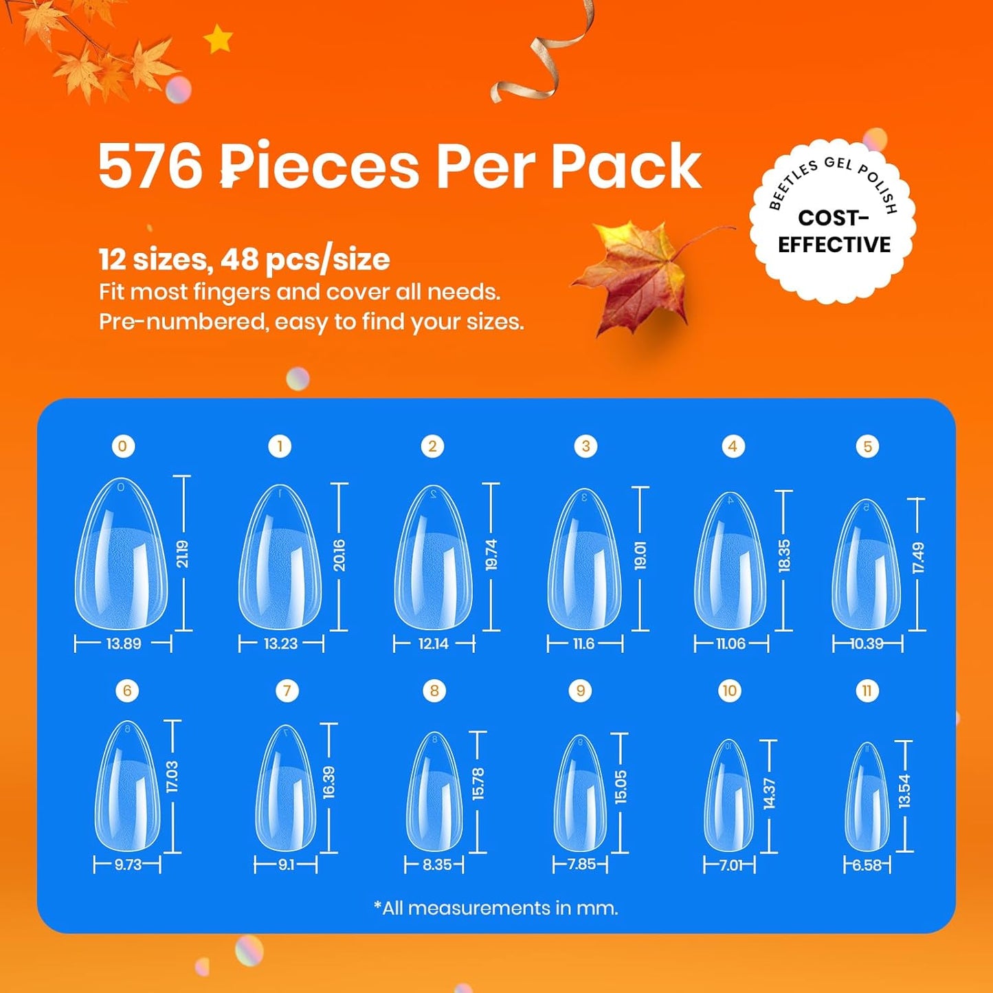 Beetles Gel Nail Tips 576Pcs Pre-shape Short Almond Etch-X Nail Tips,12 Sizes Soft Nail Tips Half Matte False Nails for Fall Nails Full Cover Press On Nail Nail Extensions Set for Women-Velvo Beauty