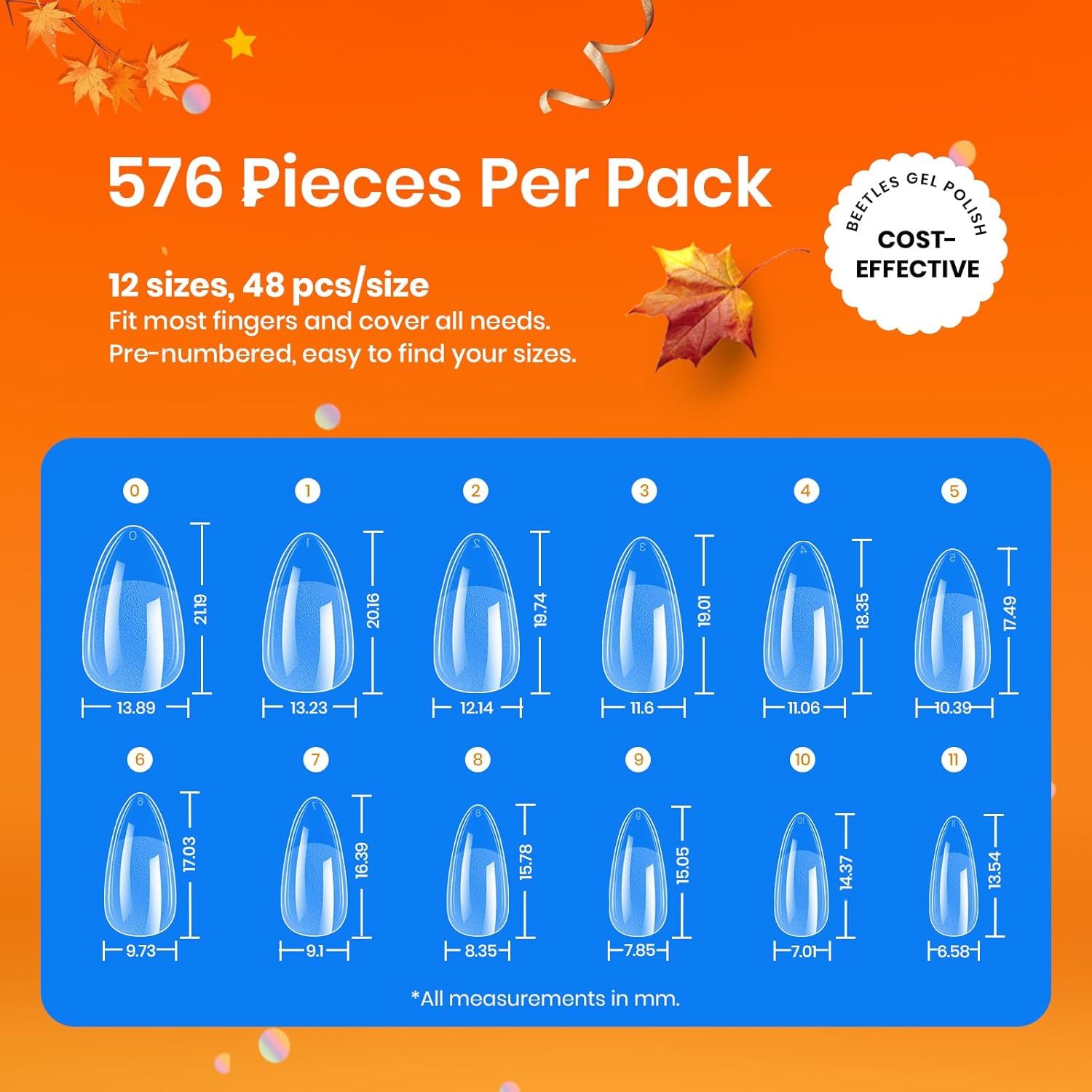 Beetles Gel Nail Tips 576Pcs Pre-shape Short Almond Etch-X Nail Tips,12 Sizes Soft Nail Tips Half Matte False Nails for Fall Nails Full Cover Press On Nail Nail Extensions Set for Women-Velvo Beauty