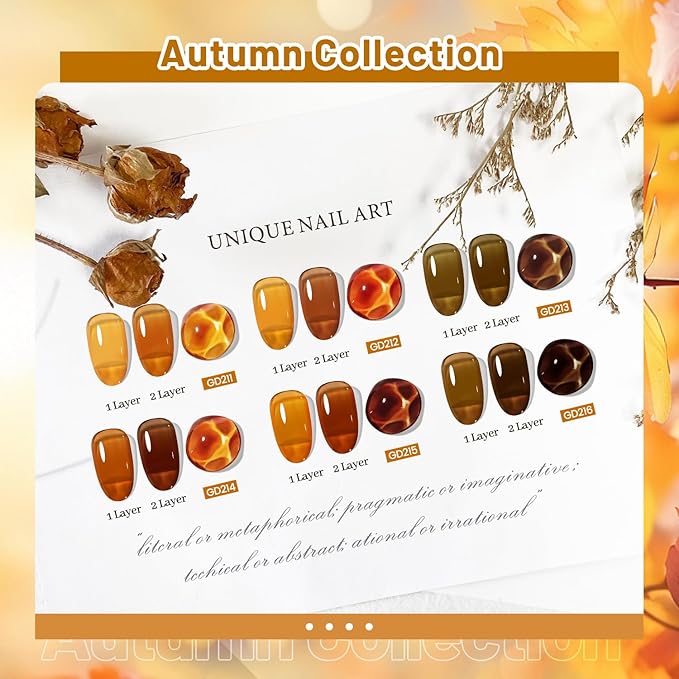 JODSONE 6 Colors Gel Nail Polish Set Fall Collection Jelly Effect Soak Off Need U V LED Gel Polish Set Autumn Mauve Brown RedSalon-Quality DlY Home Manicure-Velvo Beauty