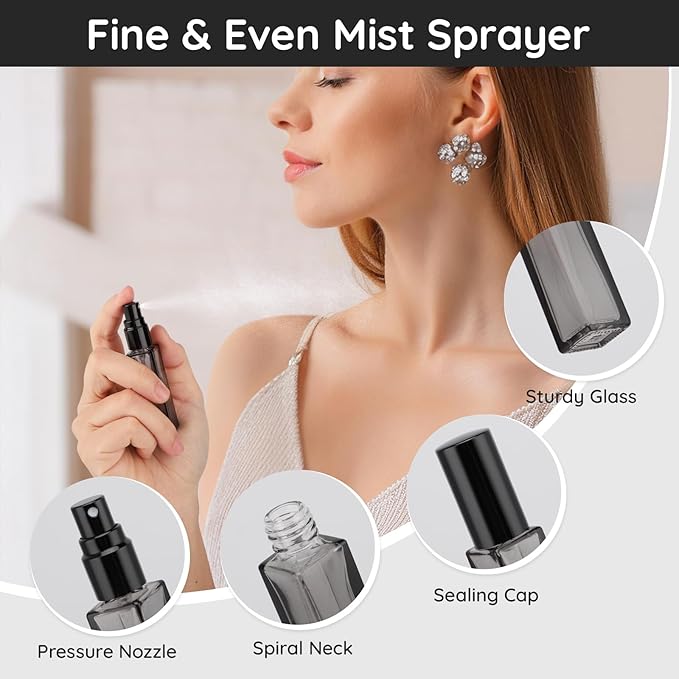 Segbeauty 5 Packs Travel Perfume Bottle Refillable, 10ML Mini Portable Glass Spray Bottles Atomizer, Empty Cologne Sample Dispenser with Funnel and Pipette, Perfume Making Kit Toiletries Container-Velvo Beauty