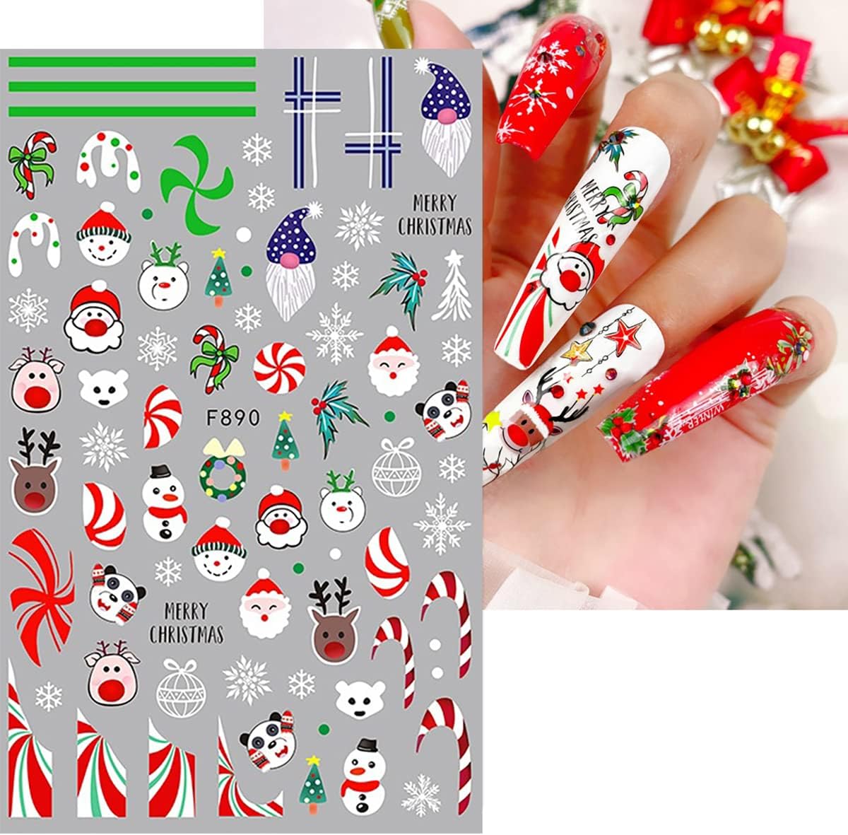 10 Sheets Christmas Nail Stickers 3D Xmas Decals Winter White Snowflake Santa Claus Snowman Bell Reindeer for Women Girls Christmas Designs Decoration Charms-Velvo Beauty