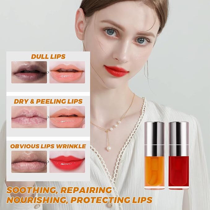Lip Glow Oil Set, 2 Pcs Comforts Plumping Lip Oil, Refreshes Hydrating Lip Gloss Oil, Non-sticky Lip Plumper Gloss, Nourishing Lip Oil Tinted Lip Balm Lip Care, Soothes Tinted Lip Oil For Dry Lip-Velvo Beauty