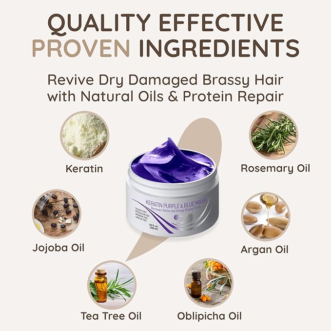 VITAMINS hair cosmetics Keratin Purple Hair Mask - Violet Blue Protein Deep Conditioner Treatment - Toner for Blonde Platinum Silver Gray Ash or Brown Colored Dry and Damaged Brassy Hair-Velvo Beauty