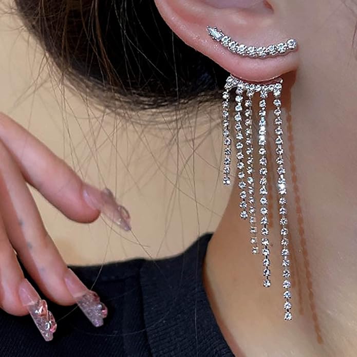 Vintage Rhinestone Chandelier Drop Earrings Crystal Ear Climber Earrings Long Tennis Chain Earrings Silver Cz Tennis Chain Tassel Earrings Jewelry for Women-Velvo Beauty