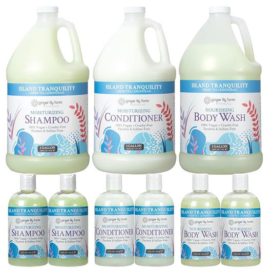 Ginger Lily Farms Botanicals Hospitality Kit, Island Tranquility, 9-Pc Set Includes Shampoo, Conditioner & Body Wash, 100% Vegan & Cruelty-Free, Green Tea Lemongrass Scent-Velvo Beauty
